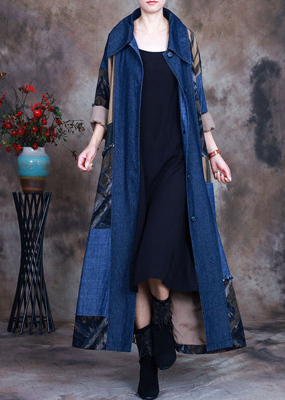 Blue Tie Waist Peter Pan Collar Patchwork Cotton Denim Trench Spring