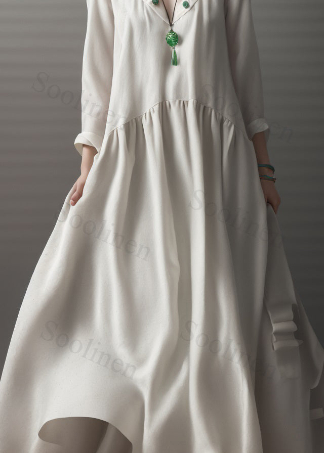 Beige V Neck Wrinkled Patchwork Silk Dress Long Sleeve