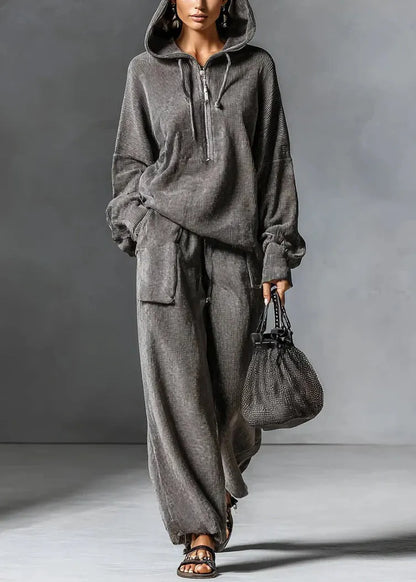 Grey Hooded Zippered Elastic Waist Two Pieces Set Spring