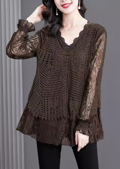 Coffee Ruffled Hollow Out Patchwork Knit Shirt Tops Fall