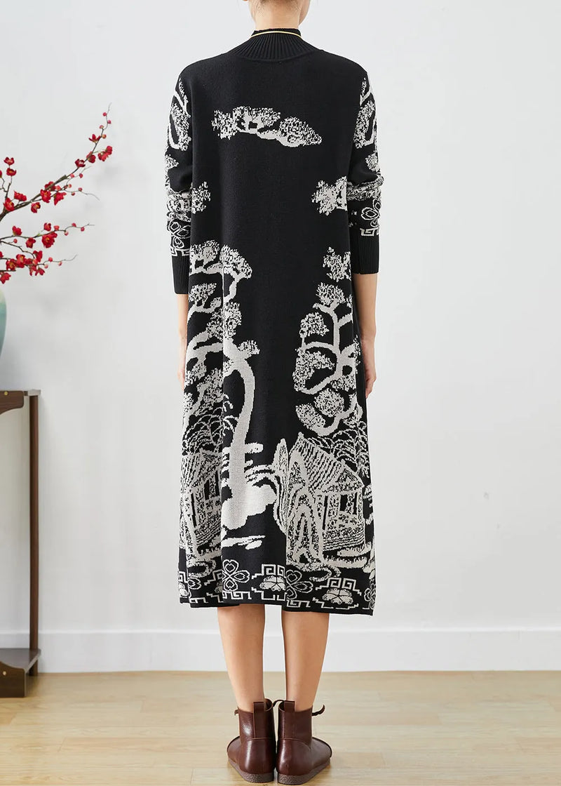 Black High Neck Print Knit Sweater Dress Fall