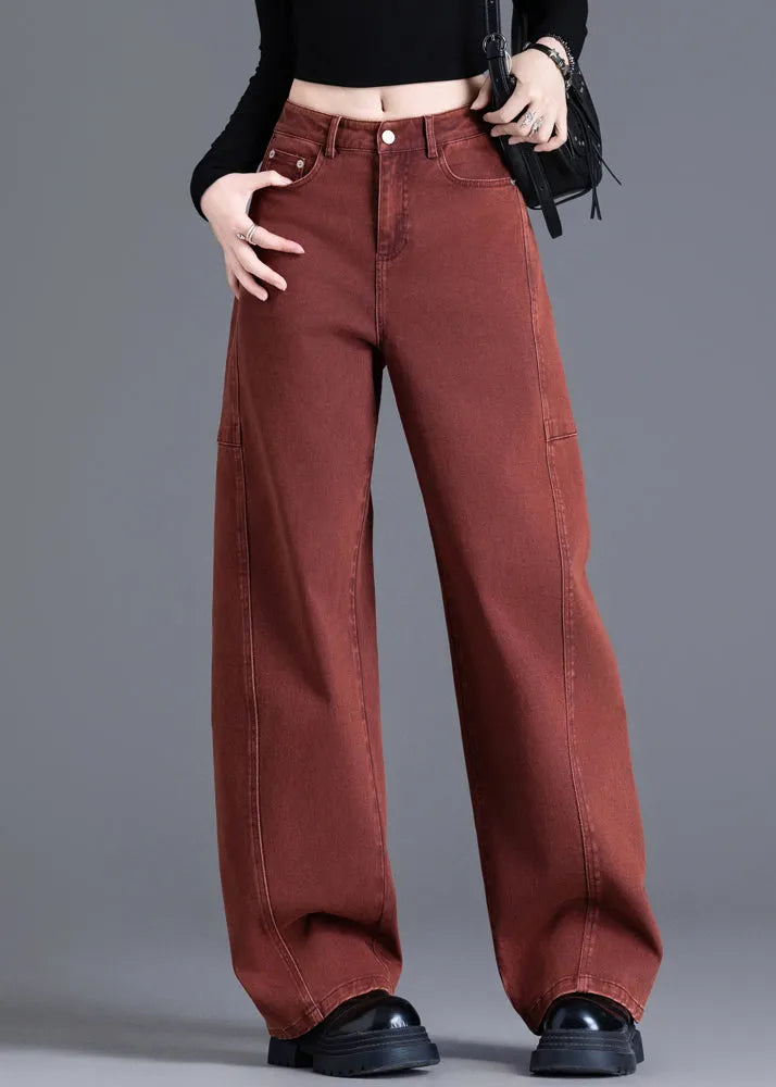 Red Pockets High Waist Denim Wide Leg Pants Spring