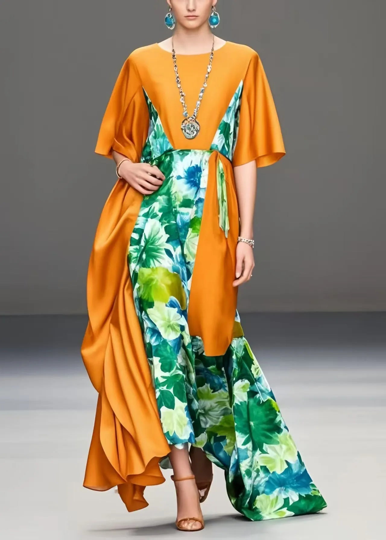 Fitted Orange Asymmetrical Patchwork Silk Party Dress Summer