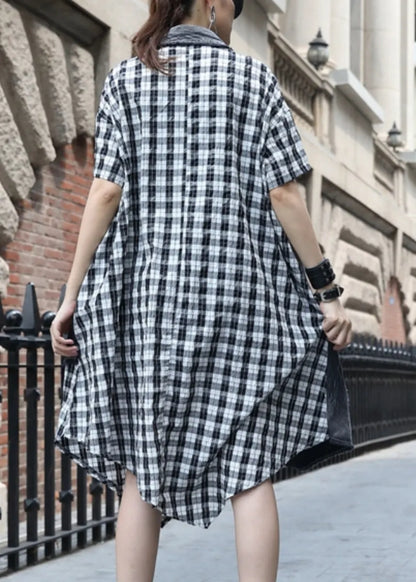 Plaid Button Patchwork Cotton Dress Summer