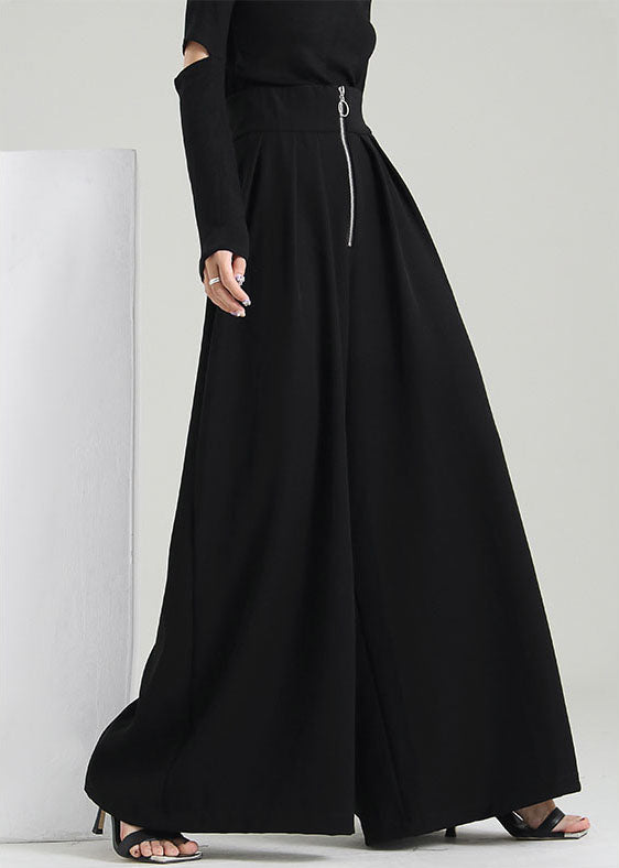 Black Zip Up Pockets Cotton Wide Leg Pants Spring