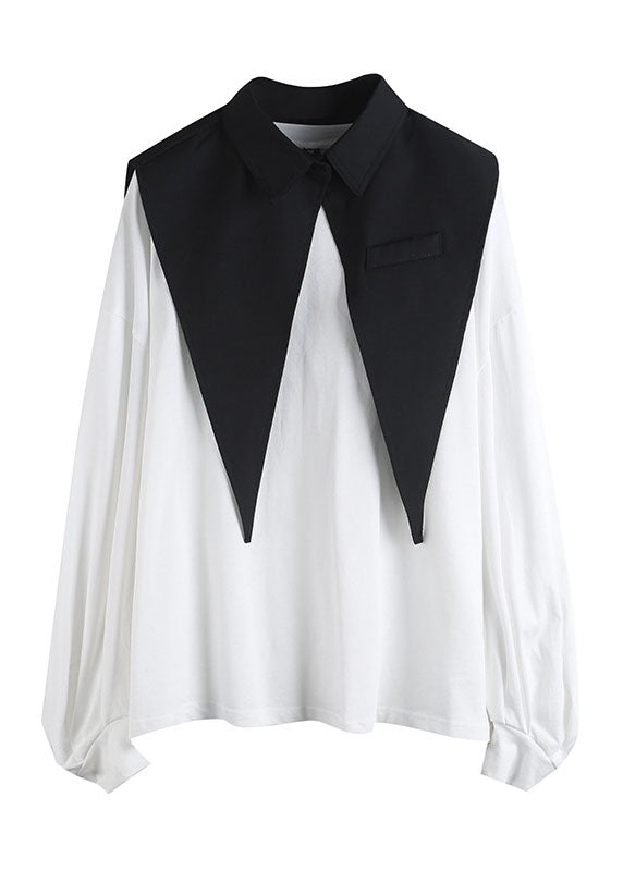 Modern White Lantern Sleeve Patchwork Peterpan Collar Fall Shirt Top