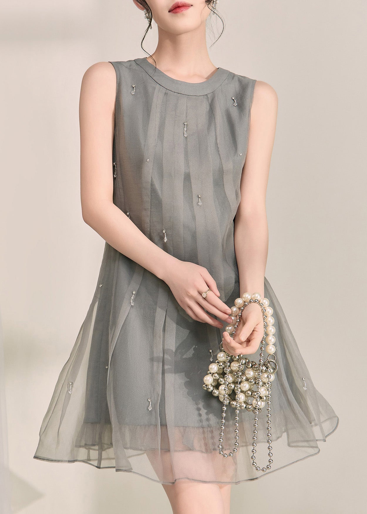 Boutique Grey O-neck Patchwork Tulle Mid Dress Summer