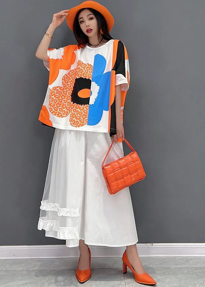French Orange Print Tulle Patchwork Cotton Tanks and a Line Skirts Two Pieces Set Summer