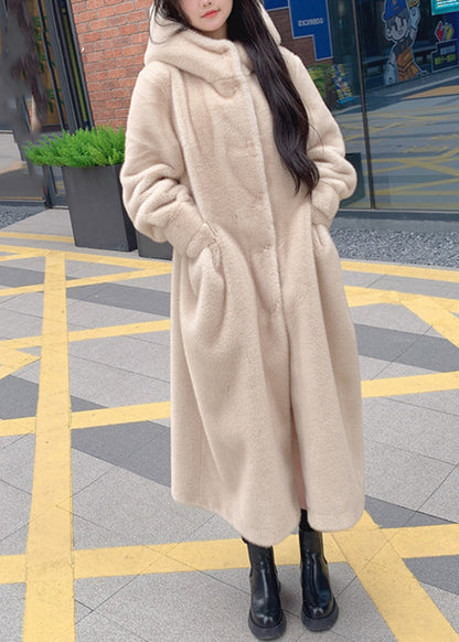 Beige Button Leather and Fur Hooded Maxi Coat Long Sleeve