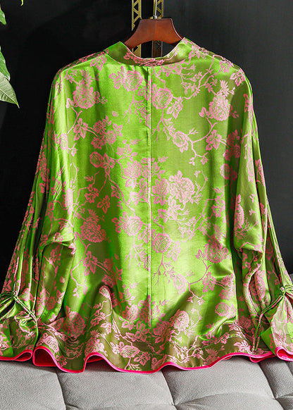 Green Stand Collar Chinese Button Patchwork Jacquard Silk Shirt Long Sleeve