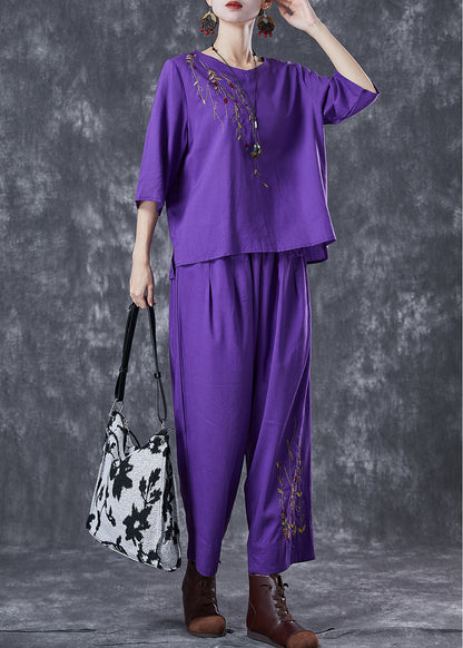 Purple Embroideried Linen Two Pieces Set Summer