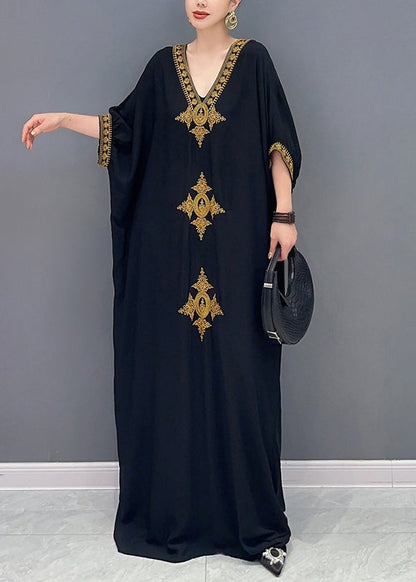 Black V Neck Embroidered Cotton Maxi Dress Batwing Sleeve