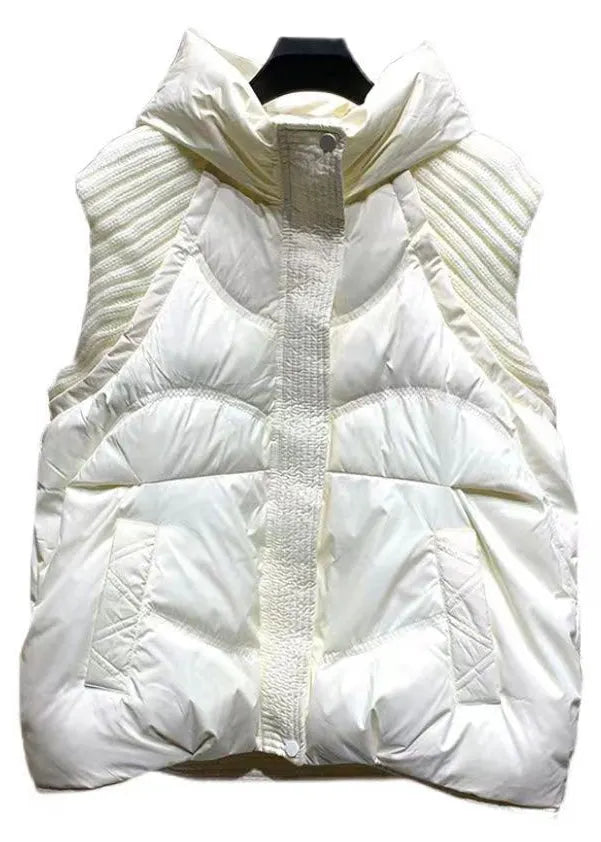 Black Hooded Pockets Knit Patchwork Duck Down Waistcoat Sleeveless