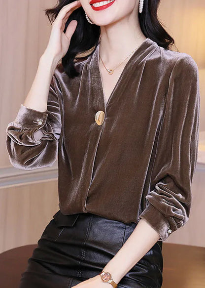 Chocolate Patchwork Silk Velour Shirt Top V Neck Color Long Sleeve