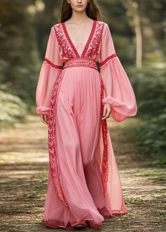 New Pink V Neck Patchwork Chiffon Long Dresses Lantern Sleeve Spring