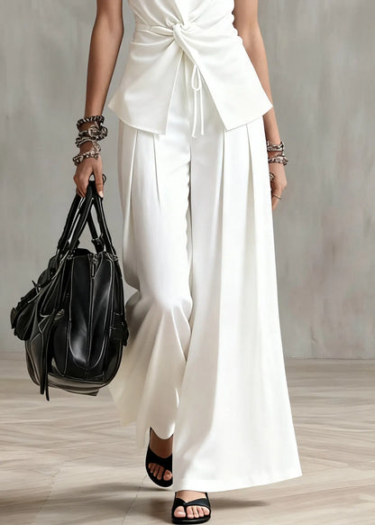 Italian White Wrinkled Elastic Waist Two Piece Set Summer