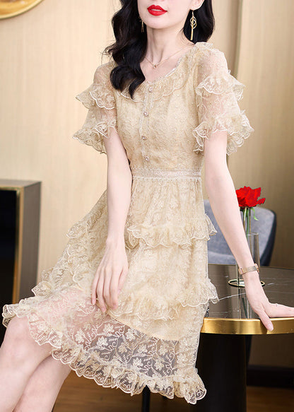 French Apricot Ruffled Embroidered Patchwork Tulle Dress Summer