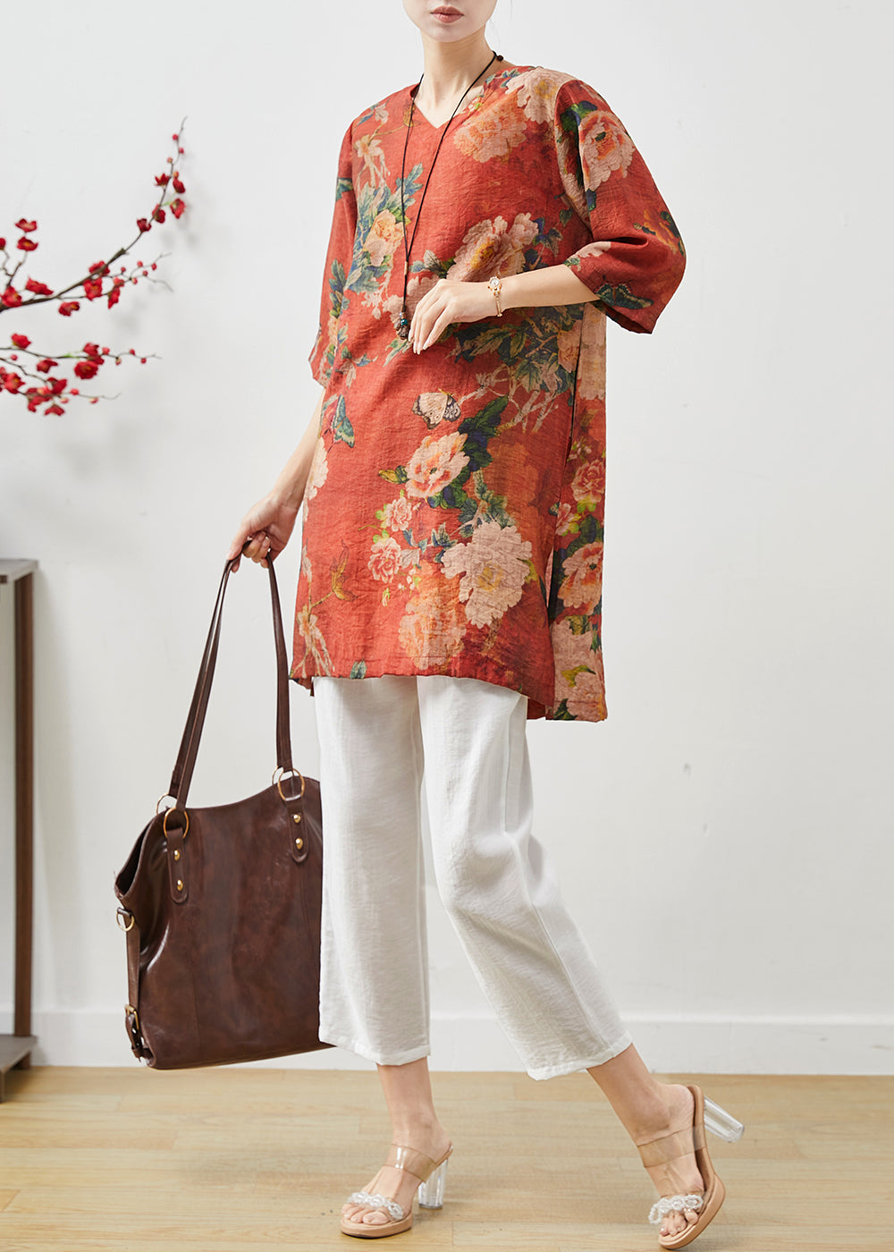 Red Oversized Print Linen Two-piece Set Summer