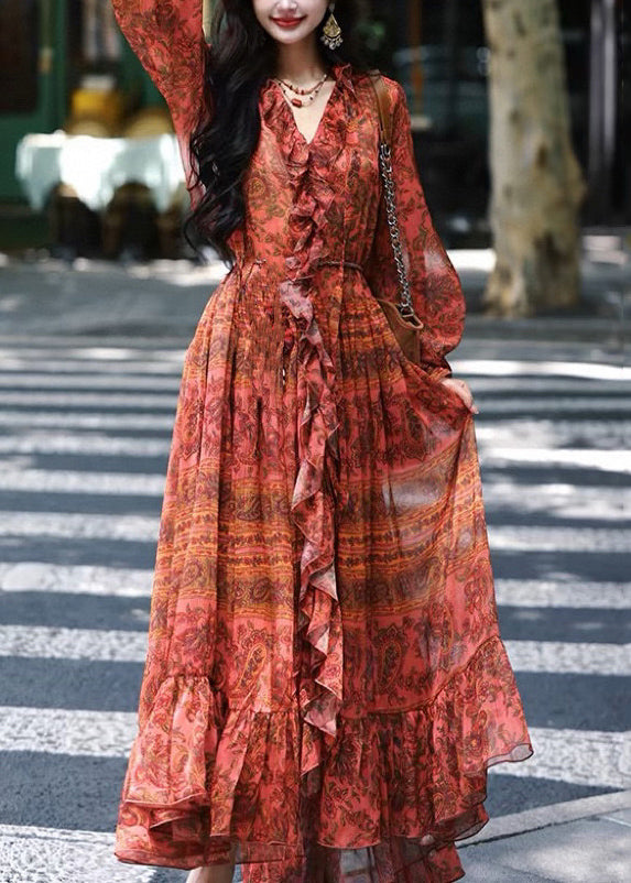 Red V Neck Ruffled Print Silk Robe Dresses Spring
