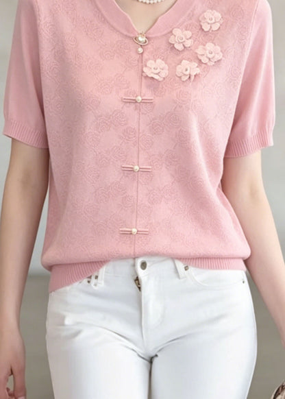 Unique Pink Jacquard Thin Knit Top Summer