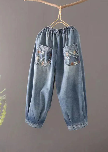 Blue Pockets Elastic Waist Patchwork Denim Crop Pants Summer