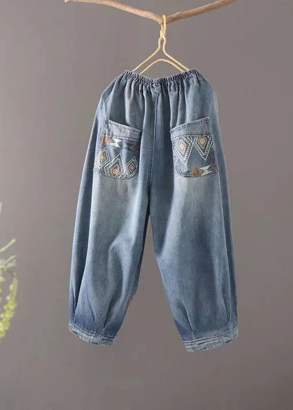 Blue Pockets Elastic Waist Patchwork Denim Crop Pants Summer