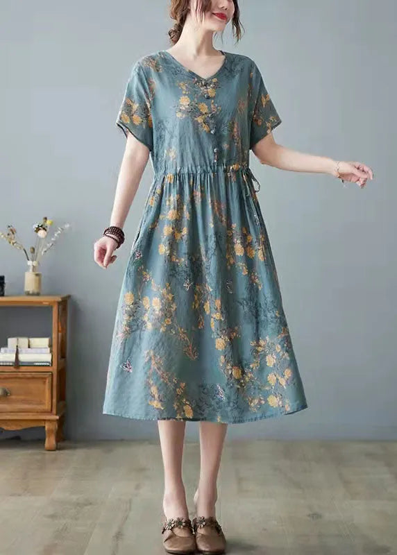 Gray Geometry Print Bamboo Pockets Print O Neck Dress