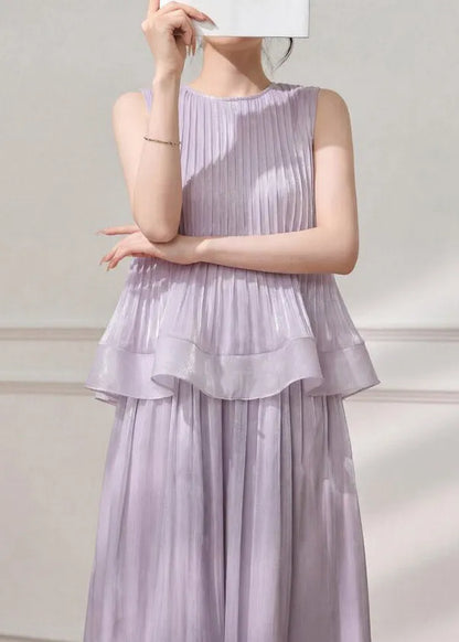 Stylish Purple Wrinkled Top and Maxi Skirts Two Pieces Set Summer