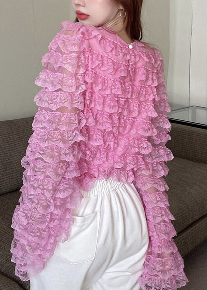Diy Pink O-neck Patchwork Lace Top Long Sleeve