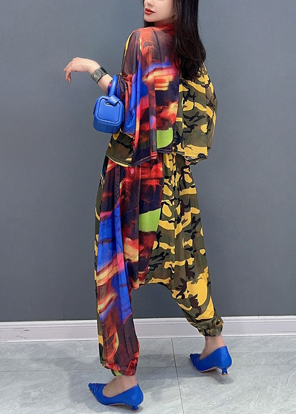 Organic Yellow Camouflage V Neck Asymmetrical Print Top and Harem Pants Two Piece Set Fall