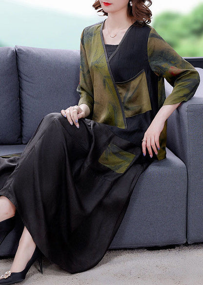Green V Neck Patchwork Tasseled Oriental Button Silk Two Piece Set Summer