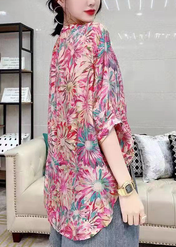 Green V Neck Button Diamonds Print Chiffon Shirt Top Short Sleeve