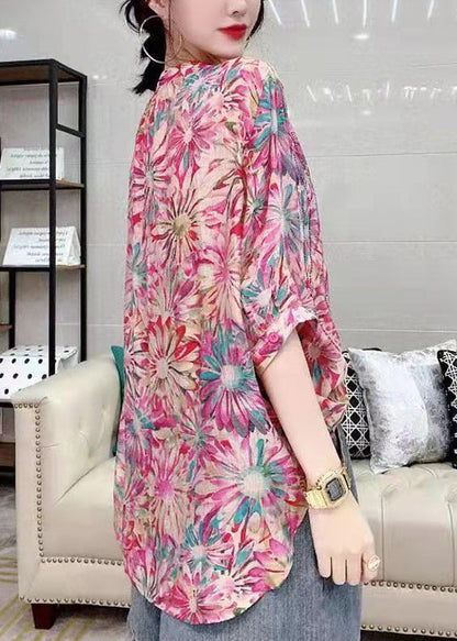 Green V Neck Button Diamonds Print Chiffon Shirt Top Short Sleeve