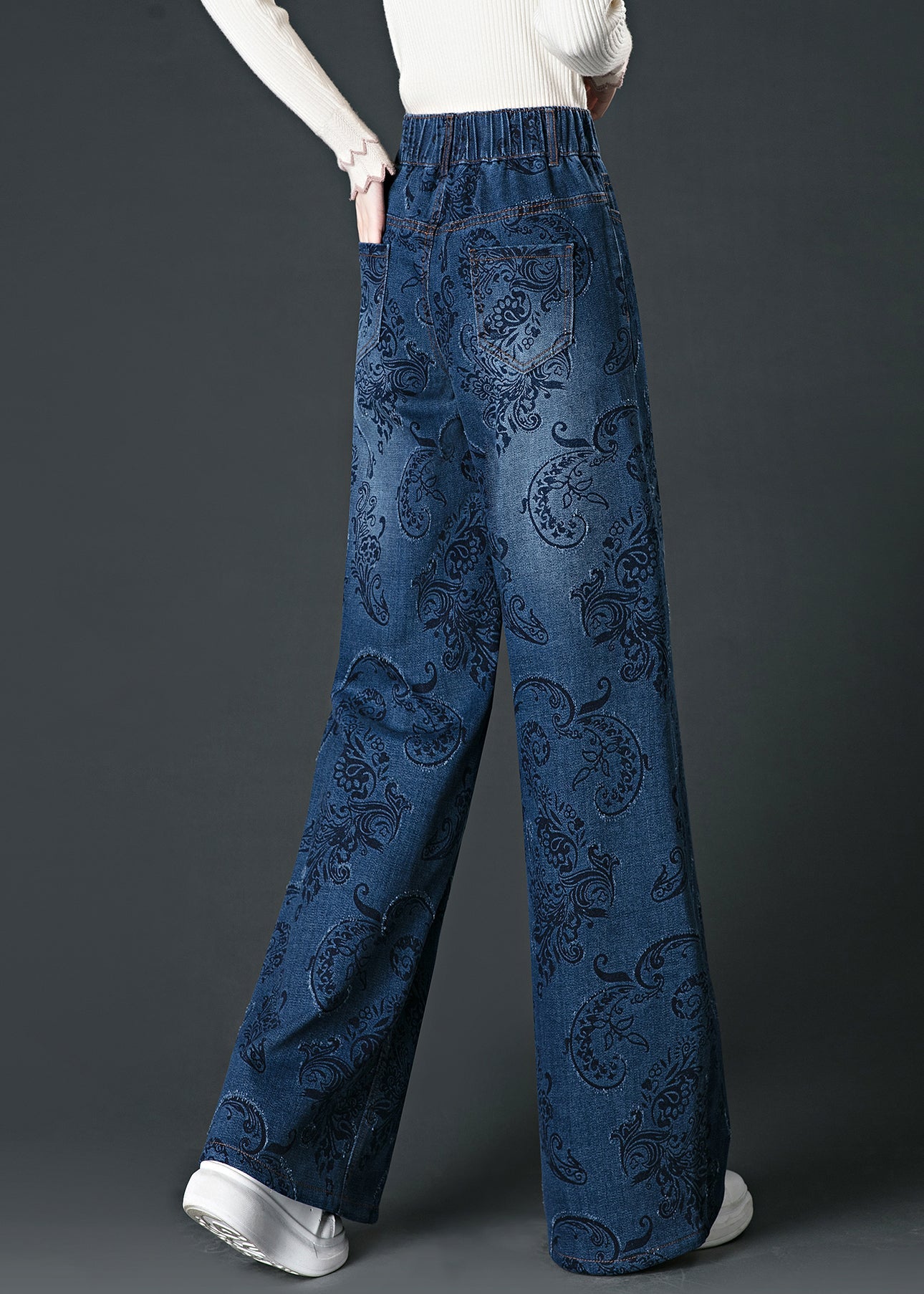 Blue Pockets Print High Waist Wide Leg Jeans Fall