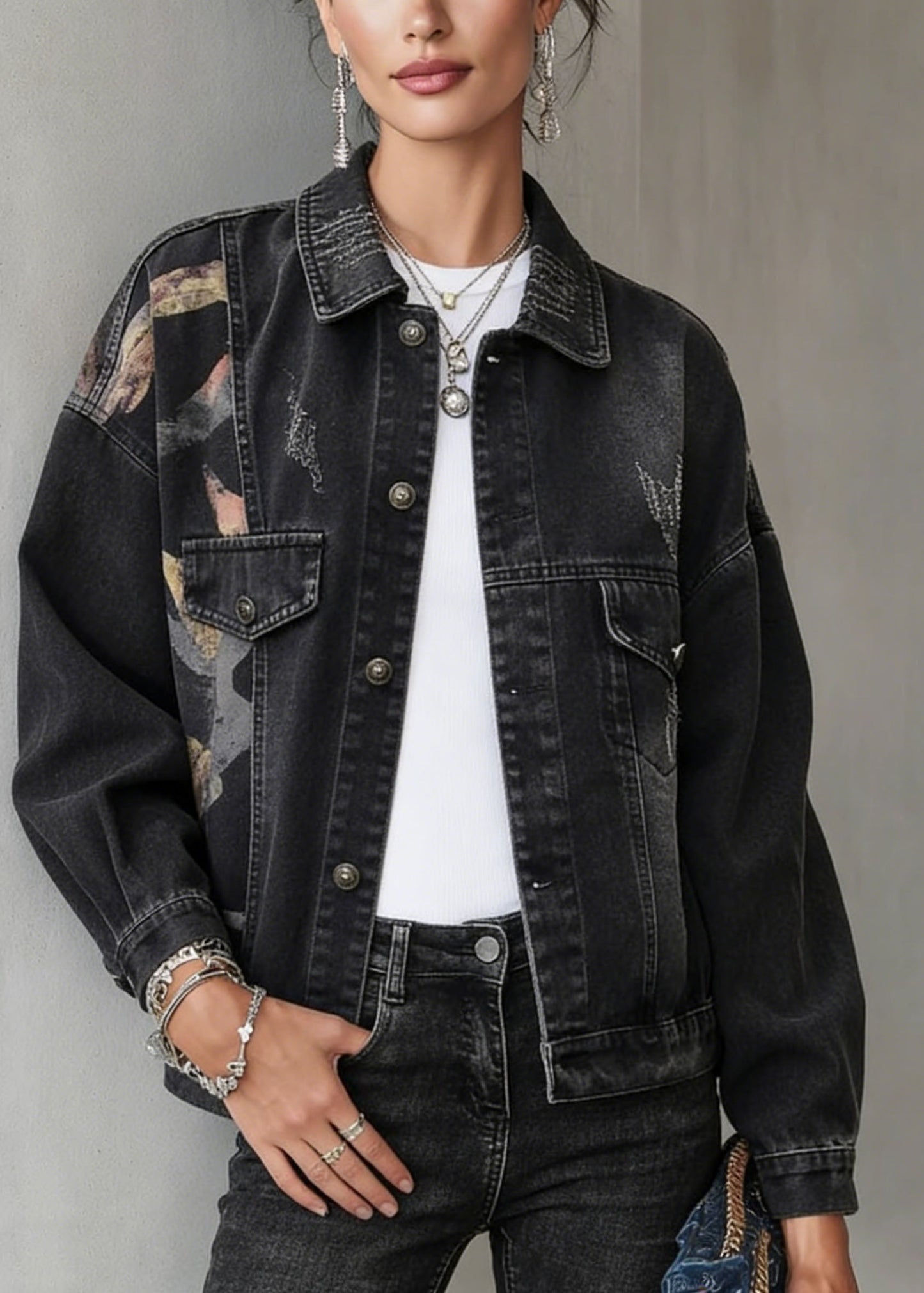 Black Peter Pan Collar Pockets Print Denim Jackets Spring