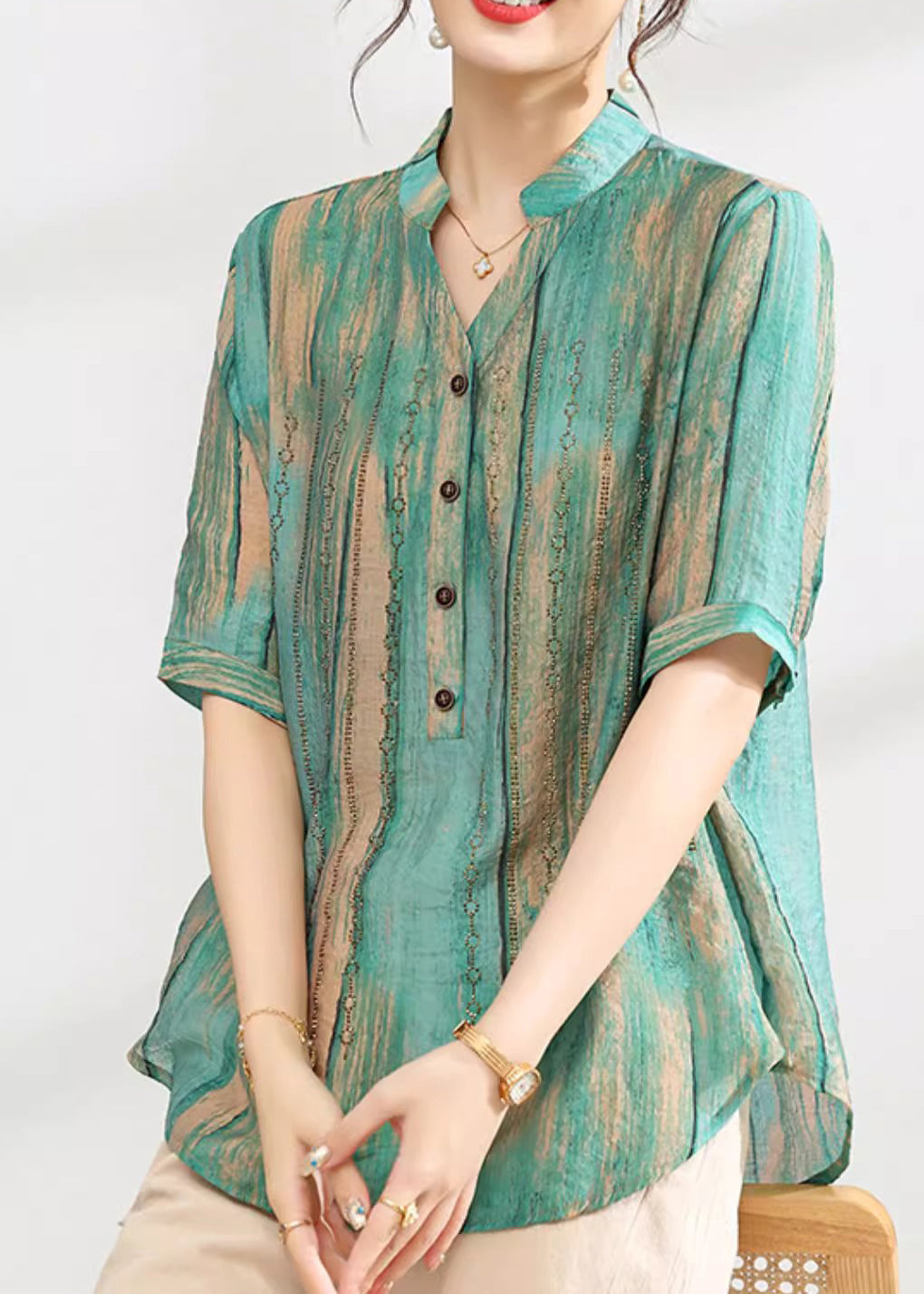 Green V Neck Print Button Cotton Shirt Summer