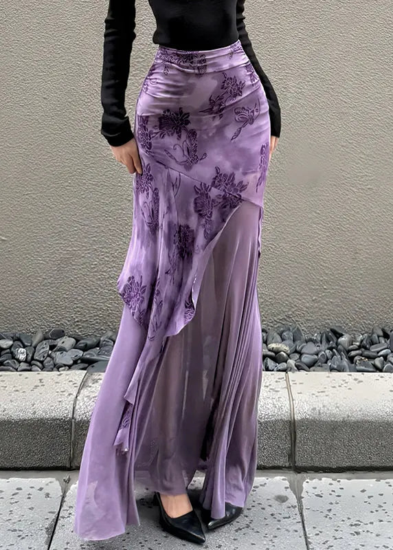 Slim Fit Purple Asymmetrical Patchwork Tulle Skirt Summer