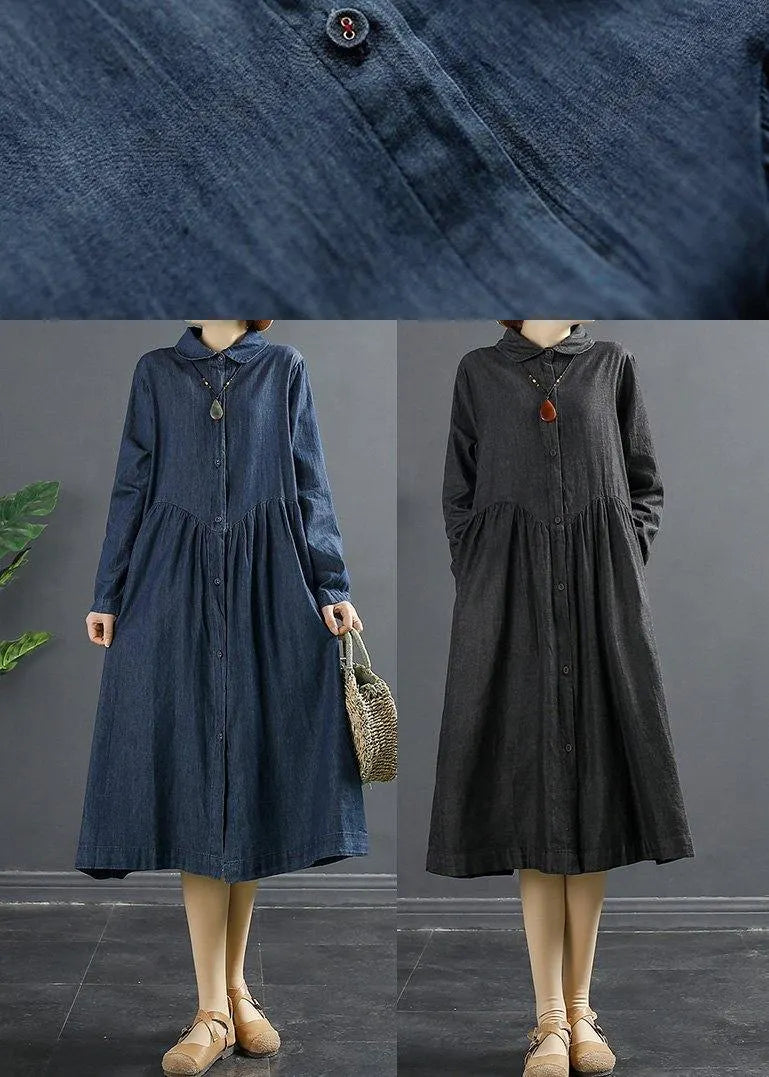 Italian Lapel Patchwork Quilting Clothes Shape Blue Kaftan Dress