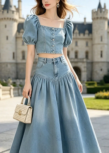French Blue Puff Sleeve Wrinkled Patchwork Denim Two Piece Set Outfits