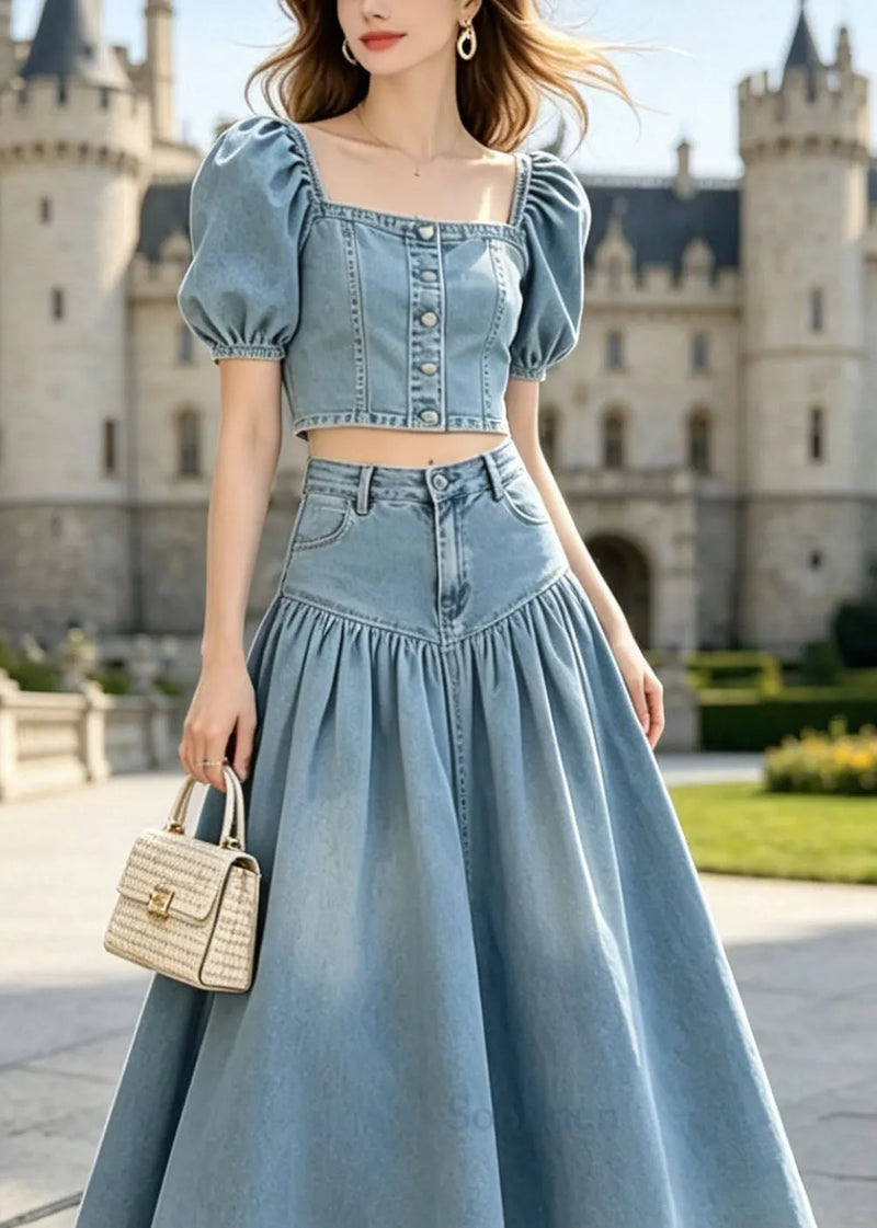 French Blue Puff Sleeve Wrinkled Patchwork Denim Two Piece Set Outfits