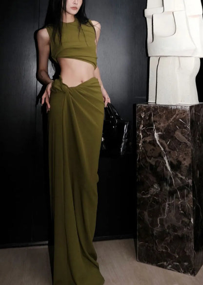 Green O-neck Vest and Maxi Skirts Two Pieces Set Summer