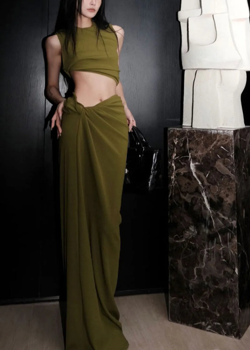 Green O-neck Vest and Maxi Skirts Two Pieces Set Summer