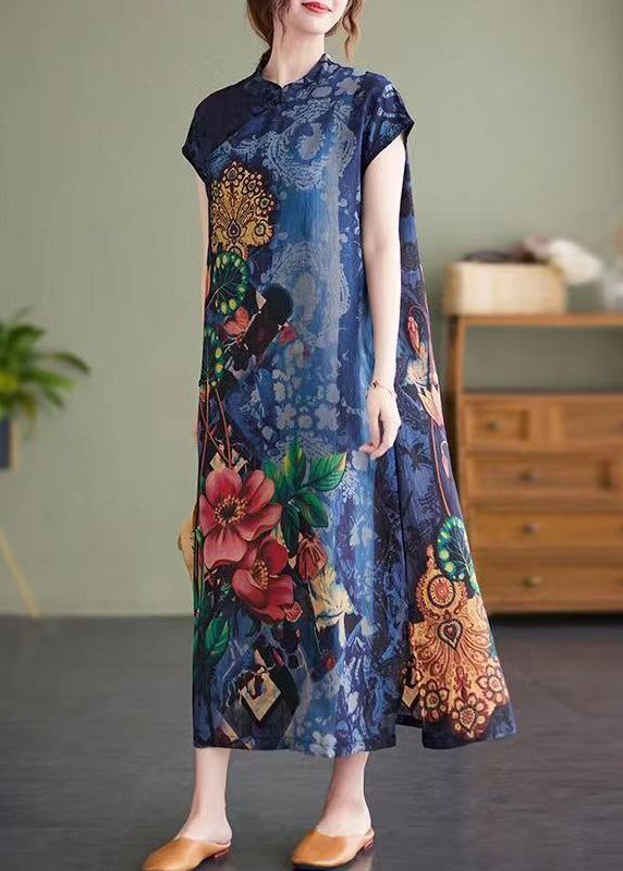 Navy Stand Collar Side Open Print Cheongsam Dresses Short Sleeve