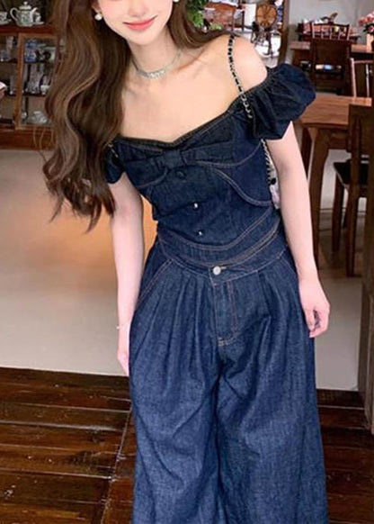 Modern Blue Slash Neck Bow Tops and Wide Leg Pants Denim Two Pieces Set Summer