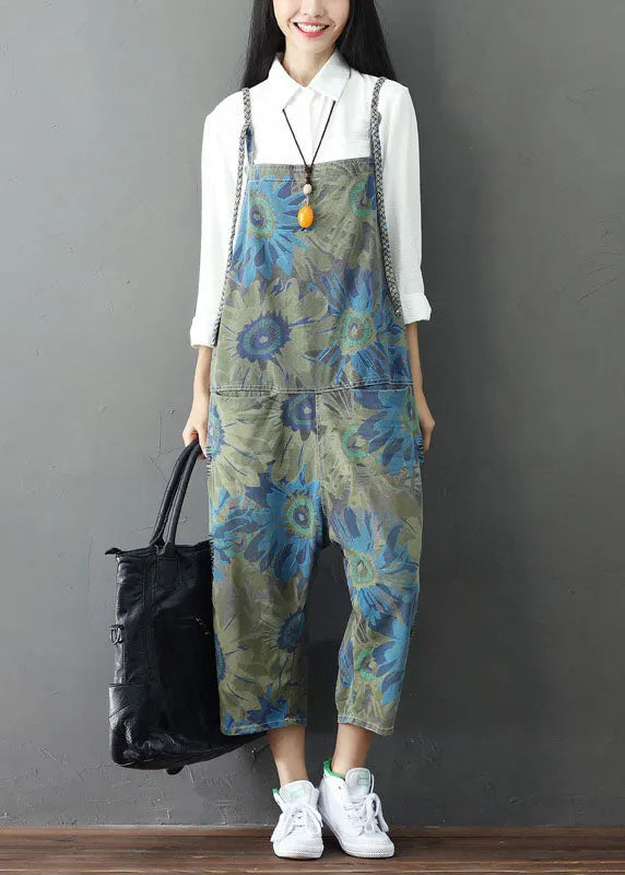 Green Print Cotton Denim Jumpsuit Ripped Jeans Spring