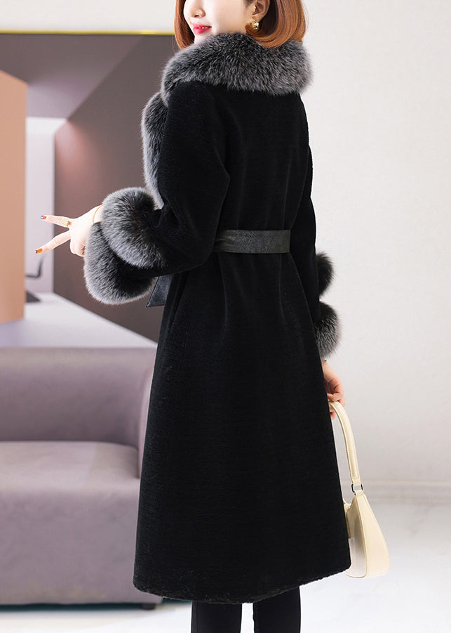 Black Fox Collar Tie Waist Woolen Long Coat Winter