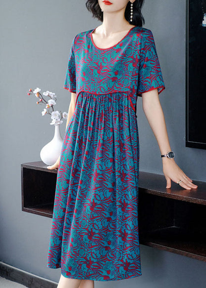 Blue O-neck Wrinkled Print Silk Long Dress Short Sleeve