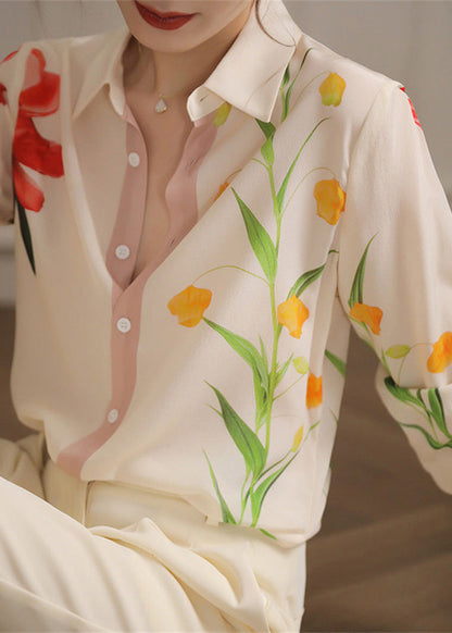 Beige Peter Pan Collar Print Button Chiffon Shirt Spring