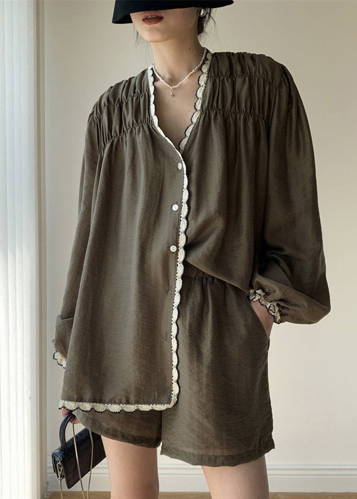 Green V Neck Wrinkled Patchwork Cotton Two Pieces Set Summer