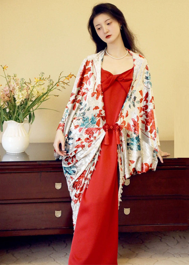 Red Print Cardigans and Slip Dress Two Pieces Set Fall